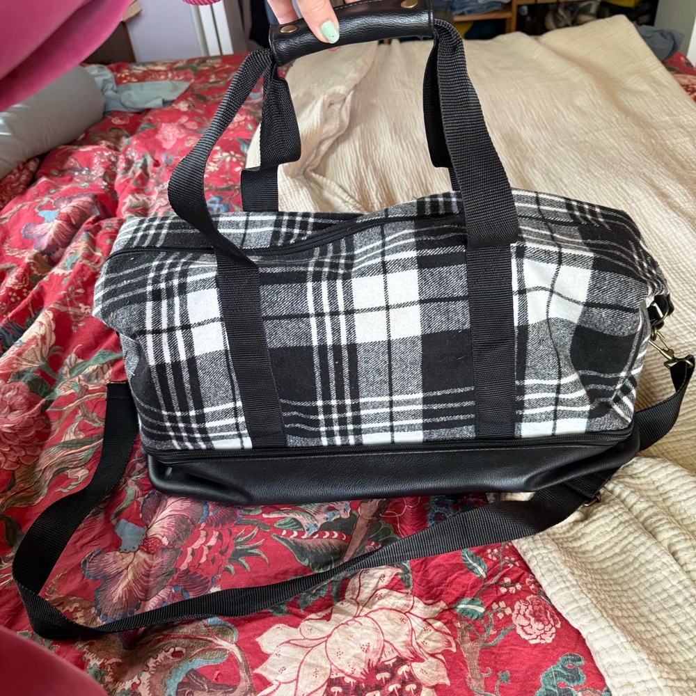 DSW Black & White Plaid Weekender Duffle Bag